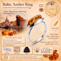 Claire Baltic Honey Amber Ring in Sterling Silver infographic highlighting authentic honey Baltic amber, 925 sterling silver, handcrafted craftsmanship, ring dimensions, and Made in Gdańsk, Poland heritage.