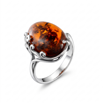 Dana Cherry Baltic Amber Ring in Sterling Silver featuring genuine cherry Baltic amber set in polished 925 sterling silver, isolated on a white background.