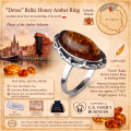 Devee Baltic Honey Amber Ring in Sterling Silver infographic highlighting authentic honey Baltic amber, 925 sterling silver, handcrafted craftsmanship, ring dimensions, and Made in Gdańsk, Poland heritage.