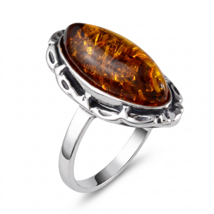Devee Baltic Honey Amber Ring in Sterling Silver featuring genuine honey Baltic amber set in polished 925 sterling silver, isolated on a white background.