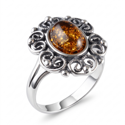 Gaelle Baltic Honey Amber Ring in Sterling Silver featuring genuine honey Baltic amber set in polished 925 sterling silver, isolated on a white background.