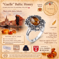 Gaelle Baltic Honey Amber Ring in Sterling Silver infographic highlighting authentic honey Baltic amber, 925 sterling silver, handcrafted craftsmanship, ring dimensions, and Made in Gdańsk, Poland heritage.