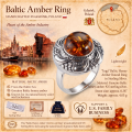 Inga Baltic Honey Amber Round Ring in Sterling Silver infographic highlighting authentic honey Baltic amber, 925 sterling silver, handcrafted craftsmanship, ring dimensions, and Made in Gdańsk, Poland heritage.