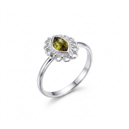 Joan Baltic Green Amber Ring in Sterling Silver featuring genuine green Baltic amber set in polished 925 sterling silver, isolated on a white background.