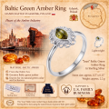 Joan Baltic Green Amber Ring in Sterling Silver infographic highlighting authentic green Baltic amber, 925 sterling silver, handcrafted craftsmanship, ring dimensions, and Made in Gdańsk, Poland heritage.