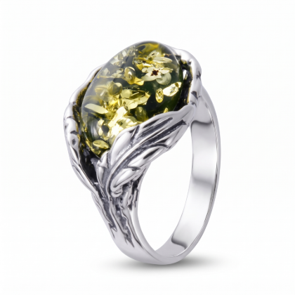 Katharina Baltic Green Amber Ring in Sterling Silver featuring genuine green Baltic amber set in polished 925 sterling silver, isolated on a white background.