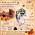 Katharina Baltic Green Amber Ring in Sterling Silver infographic highlighting authentic green Baltic amber, 925 sterling silver, handcrafted craftsmanship, ring dimensions, and Made in Gdańsk, Poland heritage.
