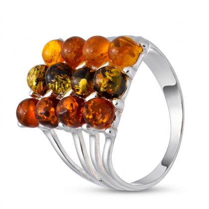 Klaudia Multicolor Baltic Amber Ring in Sterling Silver featuring genuine multicolor Baltic amber gemstones set in polished 925 sterling silver, isolated on a white background.