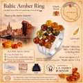 Klaudia Multicolor Baltic Amber Ring in Sterling Silver infographic highlighting authentic multicolor Baltic amber, 925 sterling silver, handcrafted craftsmanship, ring dimensions, and Made in Gdańsk, Poland heritage.
