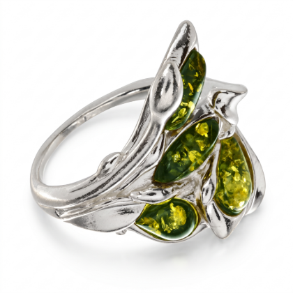 Layla Baltic Green Amber Ring in Sterling Silver featuring genuine green Baltic amber set in polished 925 sterling silver, isolated on a white background.