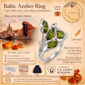 Layla Baltic Green Amber Ring in Sterling Silver infographic highlighting authentic green Baltic amber, 925 sterling silver, handcrafted craftsmanship, ring dimensions, and Made in Gdańsk, Poland heritage.
