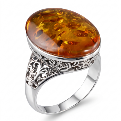 Lois Baltic Honey Amber Ring in Sterling Silver featuring genuine honey Baltic amber set in polished 925 sterling silver, isolated on a white background.