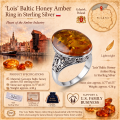 Lois Baltic Honey Amber Ring in Sterling Silver infographic highlighting authentic honey Baltic amber, 925 sterling silver, handcrafted craftsmanship, ring dimensions, and Made in Gdańsk, Poland heritage.