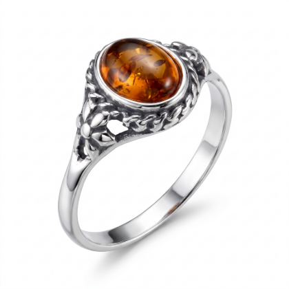 Mirela Baltic Honey Amber Ring in Sterling Silver featuring genuine honey Baltic amber set in polished 925 sterling silver, isolated on a white background.