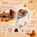 Mirela Baltic Honey Amber Ring in Sterling Silver infographic highlighting authentic honey Baltic amber, 925 sterling silver, handcrafted craftsmanship, ring dimensions, and Made in Gdańsk, Poland heritage.