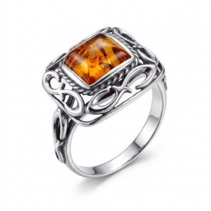 Ruth Baltic Honey Amber Square Ring in Sterling Silver featuring genuine square-shaped honey Baltic amber set in polished 925 sterling silver, isolated on a white background.