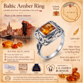 Ruth Baltic Honey Amber Square Ring in Sterling Silver infographic highlighting authentic honey Baltic amber, 925 sterling silver, handcrafted craftsmanship, ring dimensions, and Made in Gdańsk, Poland heritage.