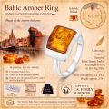 Sunniva Baltic Honey Amber Rectangular Ring in Sterling Silver infographic highlighting authentic honey Baltic amber, 925 sterling silver, handcrafted craftsmanship, ring dimensions, and Made in Gdańsk, Poland heritage.
