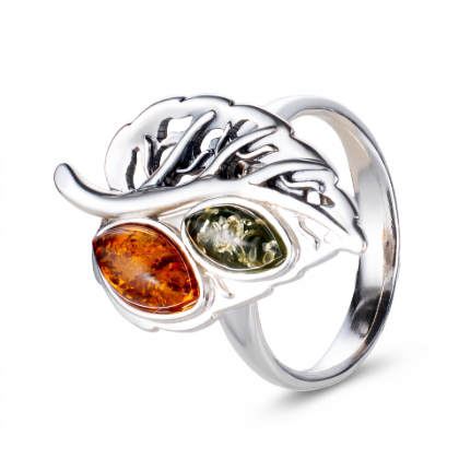 Baltic Amber Leaf Ring in Sterling Silver featuring genuine Baltic amber set in a polished 925 sterling silver leaf-inspired design, isolated on a white background.