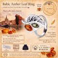 Baltic Amber Leaf Ring in Sterling Silver infographic highlighting authentic Baltic amber, 925 sterling silver, leaf-inspired design, handcrafted craftsmanship, ring dimensions, and Made in Gdańsk, Poland heritage.