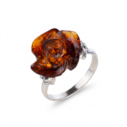 Baltic Amber Rose Flower Ring in Sterling Silver featuring genuine Baltic amber set in a polished 925 sterling silver rose flower-inspired design, isolated on a white background.