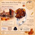 Baltic Amber Rose Flower Ring in Sterling Silver infographic highlighting authentic Baltic amber, 925 sterling silver, rose flower-inspired design, handcrafted craftsmanship, ring dimensions, and Made in Gdańsk, Poland heritage.