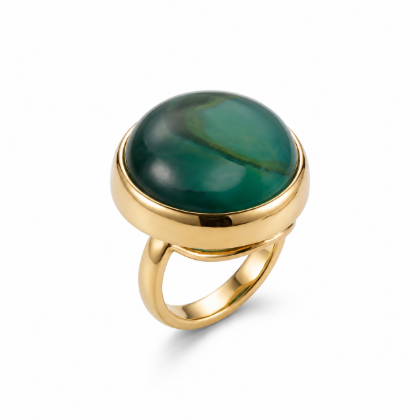 Baltic Green Amber Adjustable Ring in Gold-Plated Sterling Silver featuring genuine green Baltic amber set in polished gold-plated 925 sterling silver, isolated on a white background.