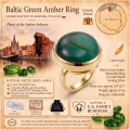 Baltic Green Amber Adjustable Ring in Gold-Plated Sterling Silver infographic highlighting authentic green Baltic amber, gold-plated 925 sterling silver, adjustable design, handcrafted craftsmanship, ring dimensions, and Made in Gdańsk, Poland heritage.