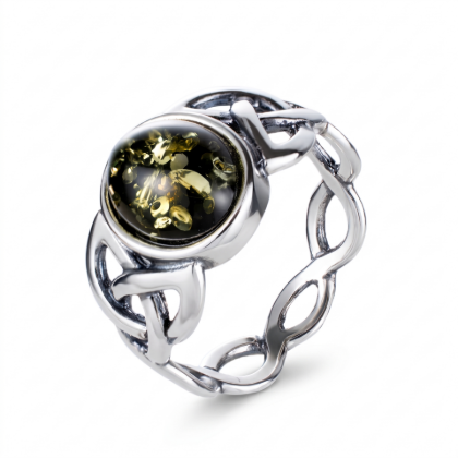 Baltic Green Amber Celtic Knot Ring in Sterling Silver featuring genuine green Baltic amber set in a polished 925 sterling silver Celtic knot design, isolated on a white background.