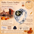 Baltic Green Amber Celtic Knot Ring in Sterling Silver infographic highlighting authentic green Baltic amber, 925 sterling silver, Celtic knot design, handcrafted craftsmanship, ring dimensions, and Made in Gdańsk, Poland heritage.