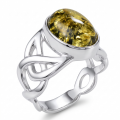 Baltic Green Amber Celtic Knot Ring in Sterling Silver Size 8 featuring genuine green Baltic amber set in a polished 925 sterling silver Celtic knot design, isolated on a white background.