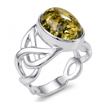 Baltic Green Amber Celtic Knot Ring in Sterling Silver Size 8 featuring genuine green Baltic amber set in a polished 925 sterling silver Celtic knot design, isolated on a white background.