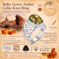 Baltic Green Amber Celtic Knot Ring in Sterling Silver Size 8 infographic highlighting authentic green Baltic amber, 925 sterling silver, Celtic knot design, handcrafted craftsmanship, ring dimensions, and Made in Gdańsk, Poland heritage.