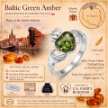 Baltic Green Amber Claddagh Ring in Sterling Silver infographic highlighting authentic green Baltic amber, 925 sterling silver, Claddagh design, handcrafted craftsmanship, ring dimensions, and Made in Gdańsk, Poland heritage.