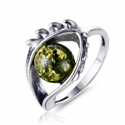 Baltic Green Amber Ring in Sterling Silver featuring genuine green Baltic amber set in polished 925 sterling silver, isolated on a white background.