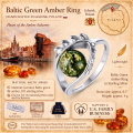 Baltic Green Amber Ring in Sterling Silver infographic highlighting authentic green Baltic amber, 925 sterling silver, handcrafted craftsmanship, ring dimensions, and Made in Gdańsk, Poland heritage.