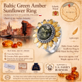 Baltic Green Amber Sunflower Ring in Gold-Plated Sterling Silver infographic highlighting authentic green Baltic amber, gold-plated 925 sterling silver, sunflower design, handcrafted craftsmanship, ring dimensions, and Made in Gdańsk, Poland heritage.
