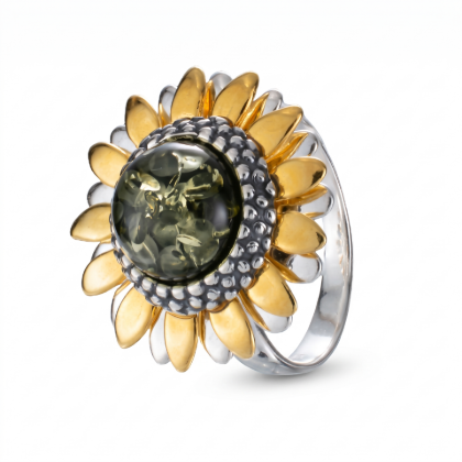 Baltic Green Amber Sunflower Ring in Gold-Plated Sterling Silver featuring genuine green Baltic amber set in a polished gold-plated 925 sterling silver sunflower design, isolated on a white background.