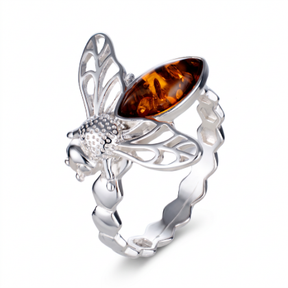 Baltic Honey Amber Bumblebee Ring in Sterling Silver featuring genuine honey Baltic amber set in a polished 925 sterling silver bumblebee design, isolated on a white background.