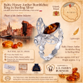 Baltic Honey Amber Bumblebee Ring in Sterling Silver infographic highlighting authentic honey Baltic amber, 925 sterling silver, bumblebee design, handcrafted craftsmanship, ring dimensions, and Made in Gdańsk, Poland heritage.