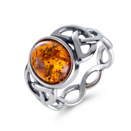 Baltic Honey Amber Celtic Knot Ring in Sterling Silver featuring genuine honey Baltic amber set in a polished 925 sterling silver Celtic knot design, isolated on a white background.