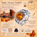Baltic Honey Amber Celtic Knot Ring in Sterling Silver infographic highlighting authentic honey Baltic amber, 925 sterling silver, Celtic knot design, handcrafted craftsmanship, ring dimensions, and Made in Gdańsk, Poland heritage.