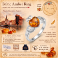 Baltic Honey Amber Claddagh Ring in Sterling Silver infographic highlighting authentic honey Baltic amber, 925 sterling silver, Claddagh design, handcrafted craftsmanship, ring dimensions, and Made in Gdańsk, Poland heritage.