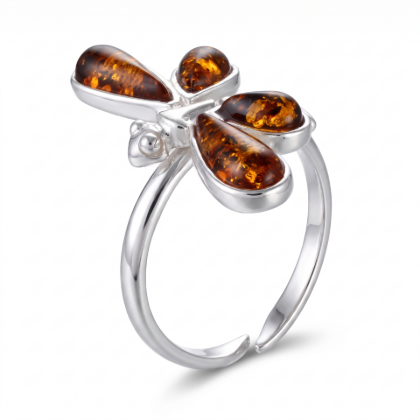 Baltic Honey Amber Dragonfly Adjustable Ring in Sterling Silver featuring genuine honey Baltic amber set in a polished 925 sterling silver dragonfly design, isolated on a white background.