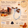Baltic Honey Amber Dragonfly Adjustable Ring in Sterling Silver infographic highlighting authentic honey Baltic amber, 925 sterling silver, dragonfly-inspired adjustable design, handcrafted craftsmanship, ring dimensions, and Made in Gdańsk, Poland heritage.