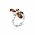 Baltic Honey Amber Dragonfly Adjustable Ring in Sterling Silver featuring genuine honey Baltic amber set in a polished 925 sterling silver dragonfly design, isolated on a white background.