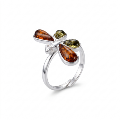 Baltic Honey Amber Dragonfly Adjustable Ring in Sterling Silver featuring genuine honey Baltic amber set in a polished 925 sterling silver dragonfly design, isolated on a white background.