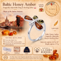 Baltic Honey Amber Dragonfly Adjustable Ring in Sterling Silver infographic highlighting authentic honey Baltic amber, 925 sterling silver, dragonfly-inspired adjustable design, handcrafted craftsmanship, ring dimensions, and Made in Gdańsk, Poland heritage.