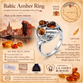Baltic Honey Amber Infinity Ring in Sterling Silver infographic highlighting authentic honey Baltic amber, 925 sterling silver, infinity-inspired design, handcrafted craftsmanship, ring dimensions, and Made in Gdańsk, Poland heritage.