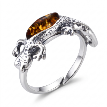 Baltic Honey Amber Lizard Adjustable Ring in Sterling Silver featuring genuine honey Baltic amber set in a polished 925 sterling silver lizard design, isolated on a white background.